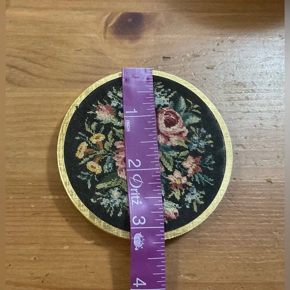 Compact Vintage make up Mirror: Needle work floral embroidered on front .